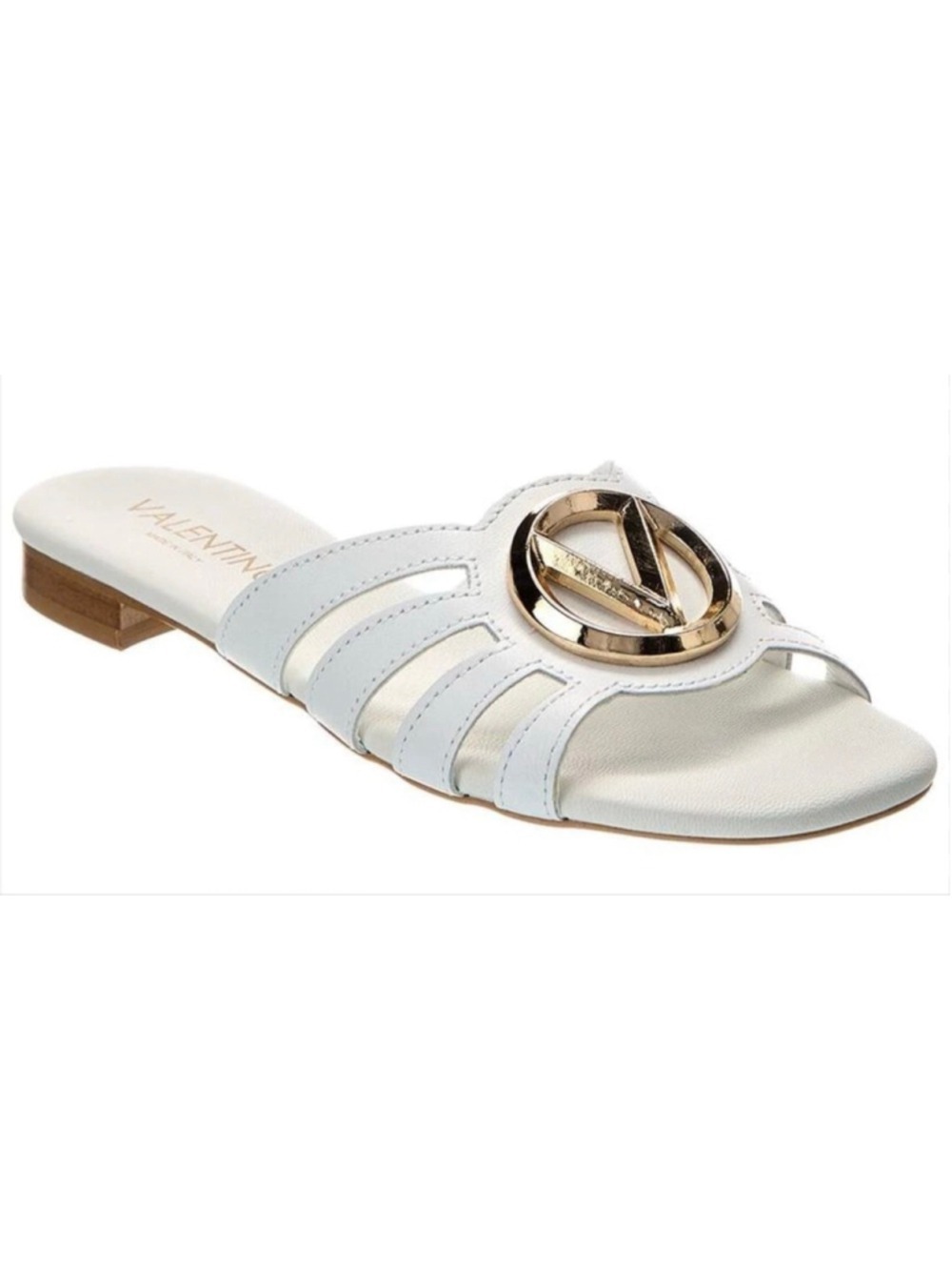 NWT Valentino White Leather Greta Sandals with Gold Logo, Size 8.5